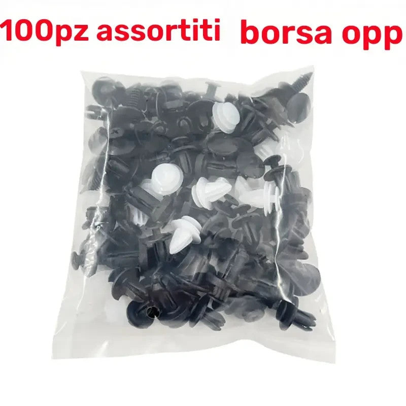 100 PEZZI CLIP DI FISSAGGIO VARI PER AUTO PARAURTI PORTIERE PANNELLI LATERALI .