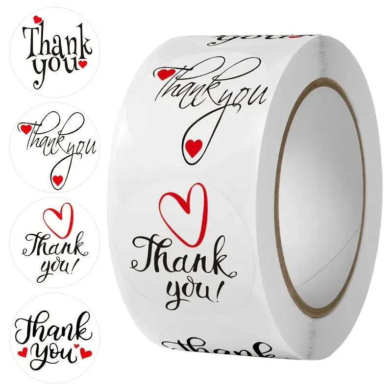 Rotolo 500 adesivi cuore Thank You 25mm olografici lucidi etichette regalo stick