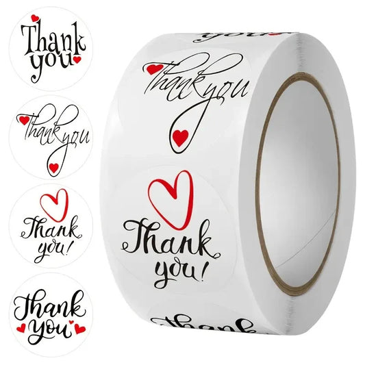 Rotolo 500 adesivi cuore Thank You 25mm olografici lucidi etichette regalo stick