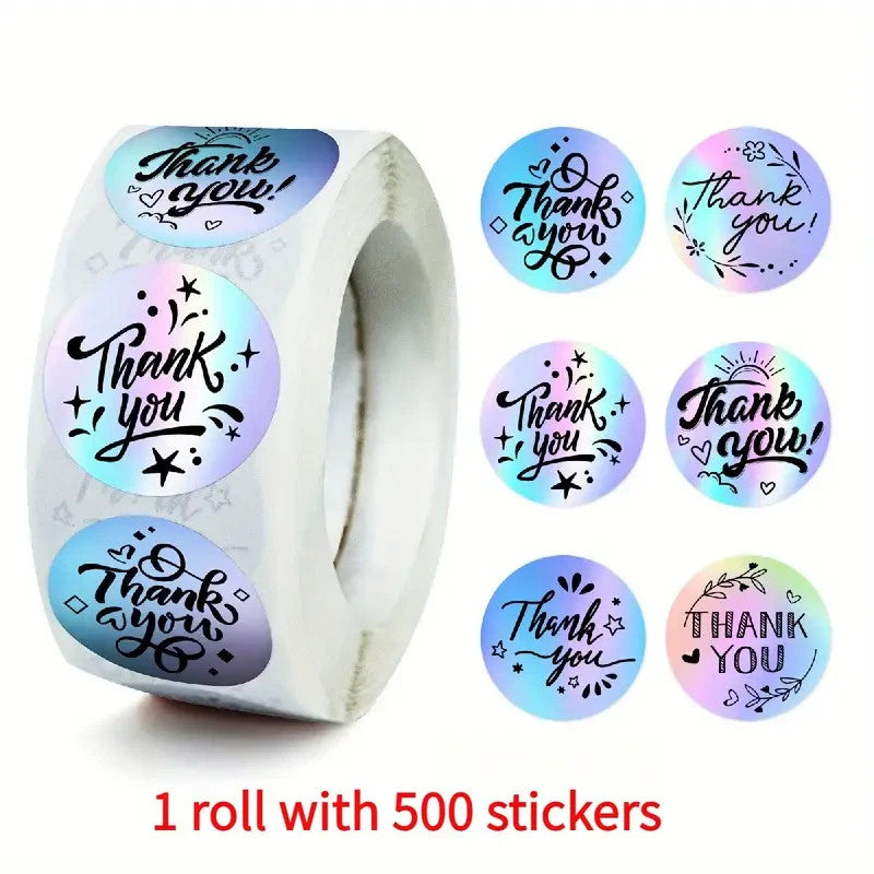 Rotolo 500 adesivi Thank You 25mm olografici lucidi etichette regalo pacchi