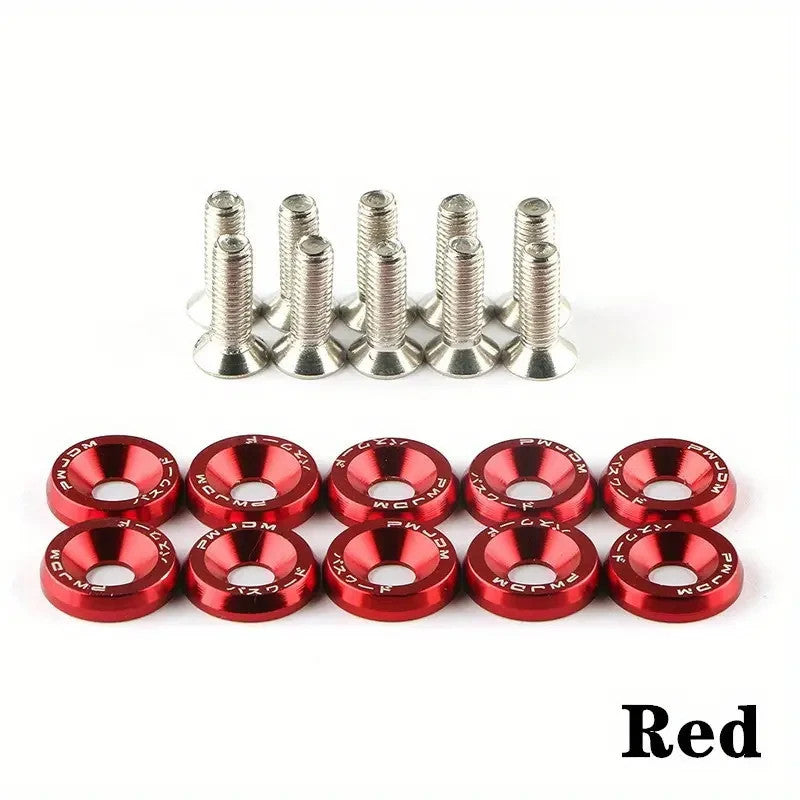 10 PEZZI VITI M6 X 20 MM  + 10 RONDELLE ALLUMINIO SVASATE COLORE ROSSO MOTO AUTO
