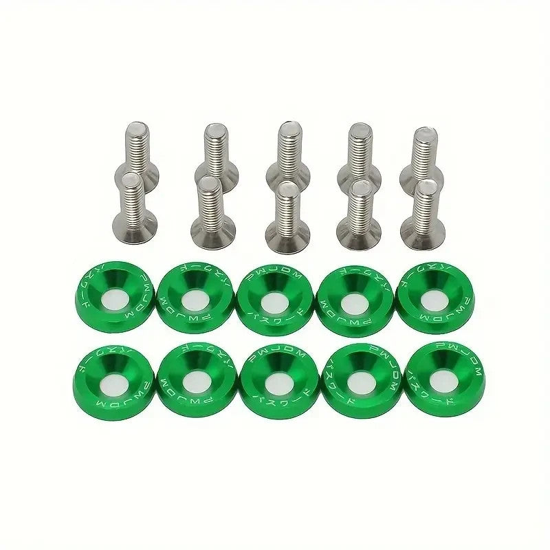 10 PEZZI VITI M6 X 20 MM  + 10 RONDELLE ALLUMINIO SVASATE COLORE VERDE MOTO AUTO