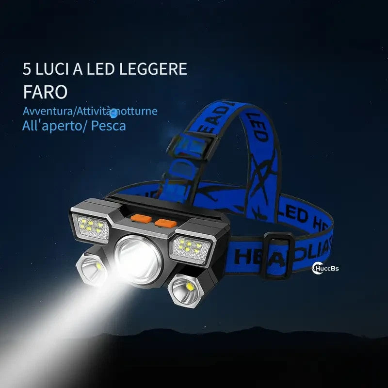 TORCIA FRONTALE 5 LED RICARICABILE CAVO USB INCLUSO POTENTE LAMPADA DA TESTA