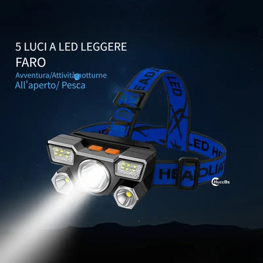 TORCIA FRONTALE 5 LED RICARICABILE CAVO USB INCLUSO POTENTE LAMPADA DA TESTA