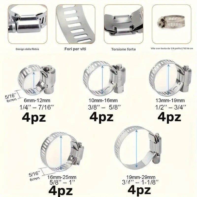 20 pezzi fascette stringitubo metalliche inox regolabili 5 misure differenti