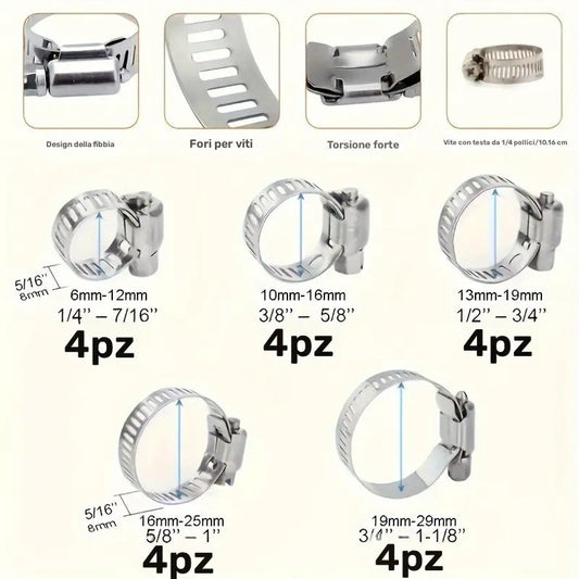 20 pezzi fascette stringitubo metalliche inox regolabili 5 misure differenti
